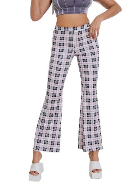 

sxy high waist plaid flare leg pants w1it#, Black;white