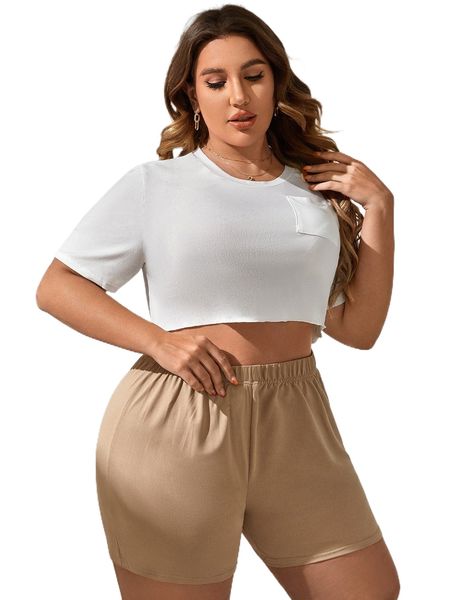 

plus solid pocket front tee & shorts pajama set 27xf#, Black;white