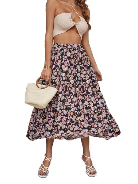 

allover floral print skirt h4tl#, Black