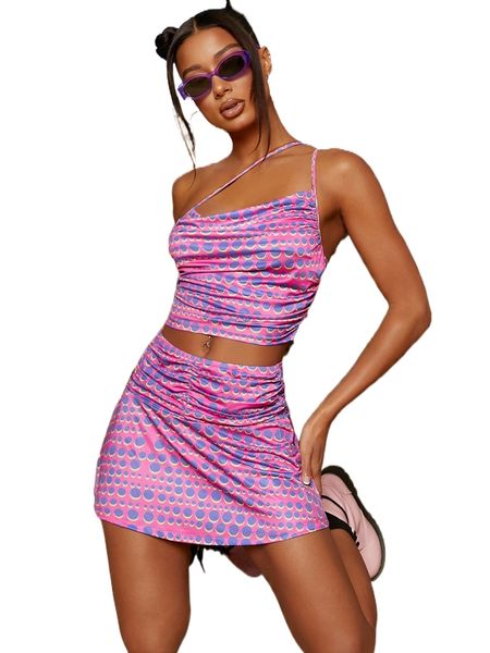 

allover print one shoulder & skirt k58r#, White