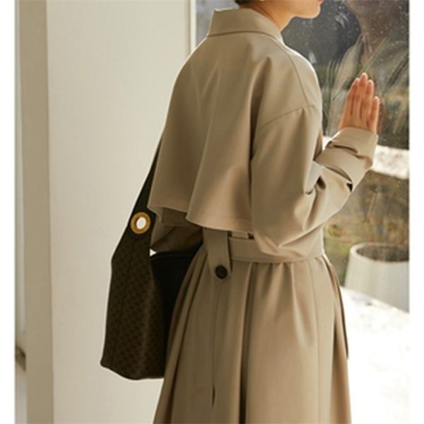 

uk brand new fashion fall autumn casual double breasted simple classic long trench coat with belt chic female windbreaker t200814, Tan;black