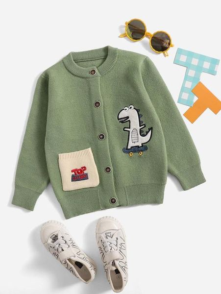 

toddler boys dinosaur embroidery pocket patched cardigan she, Blue