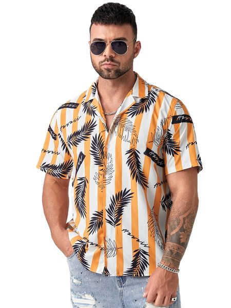 

extended sizes men striped & tropical print shirt 03ti#, White;black