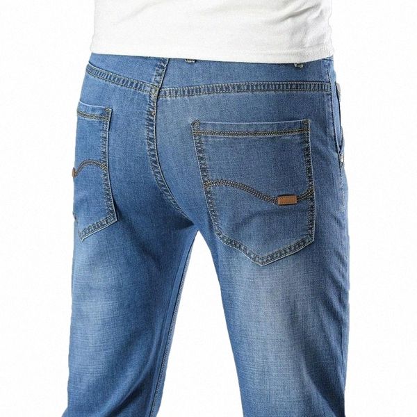 

autumn spring stretch men jeans brand business straight slim casual classic denim pants for male men's k0xd#, Blue