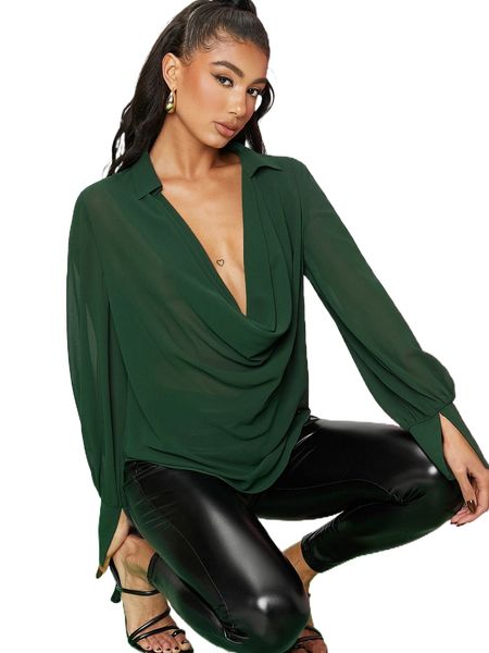 

solid draped neck split detail f962#, White