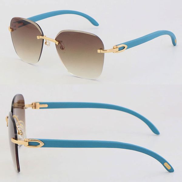 Neue randlose Original-Sonnenbrille aus blauem Holz aus Metall mit diamantgeschliffenen Gläsern, modisch, mit C-Dekoration, aus Holz, groß, quadratisch, adumbral, 18 Karat Gold, männliche und weibliche Rahmengröße: 61–18–140 mm