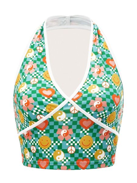

x tartagain yin & yang and floral print halter j5hh#, White