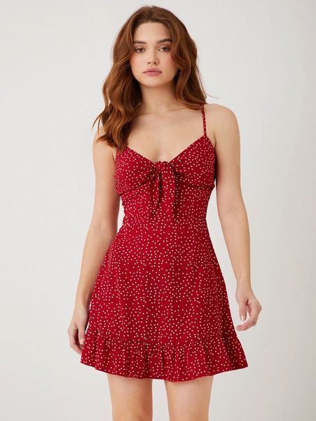 

knotted polka dot ruffle hem cami dress e2sr#, Black;gray