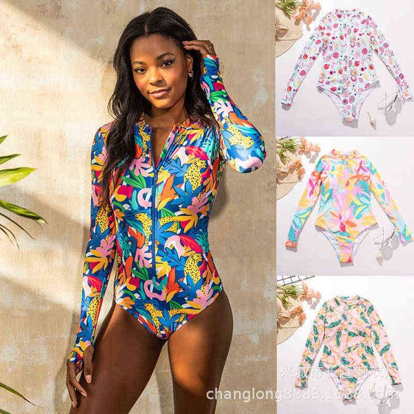 

long sleeved 2022 one-piece swimsuit leaf fruit print sunscreen diving suit swimsuit, White;black
