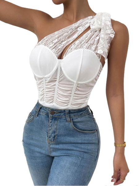 

knot one shoulder bustier ruched cut out contrast lace bodysuit x8ib#, White