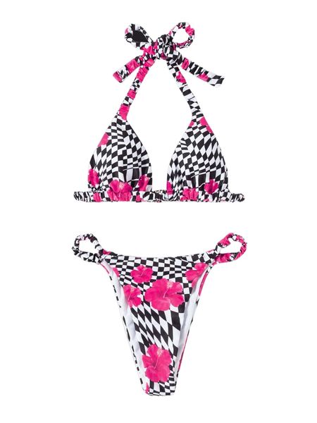 

plaid halter triangle bikini swimsuit y2jr#, White;black