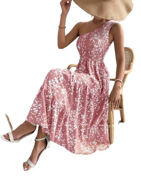 

ditsy floral shirred one shoulder ruffle hem dress k2dx#, Black;gray