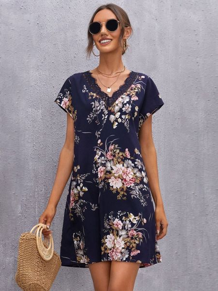 

floral print lace trim batwing sleeve tunic dress 31mj#, Black;gray