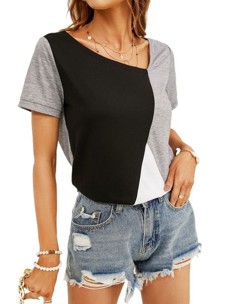 

color block asymmetrical neck tee 089y#, White