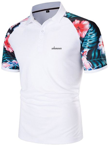 

men tropical & letter graphic raglan sleeve polo shirt q7rp#, White;black