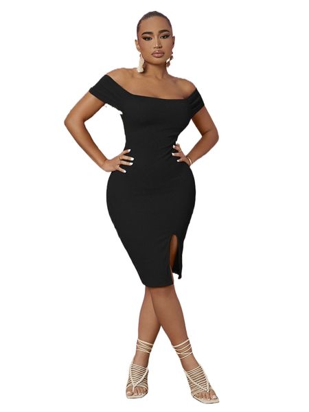 

off shoulder split hem bodycon dress w6xy#, Black;gray