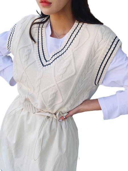 

dazy 1pc striped cable knit v-neck sweater vest a2er#, White;black