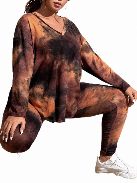 

plus tie dye drop shoulder tee & leggings k7f5#, Black