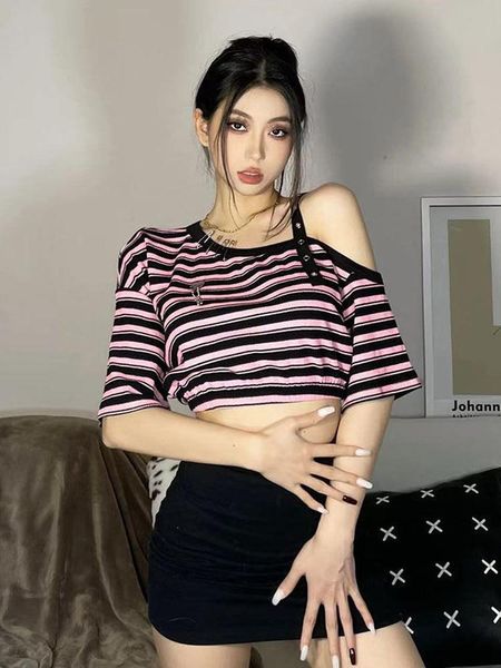 Damen T-Shirt Y2k Girl Cool Gestreifte T-Shirts Out Off One Shoulder Sexy Female Kurzarm T-Shirt Sommer Koreanisch Harajuku High Waist Top Gr