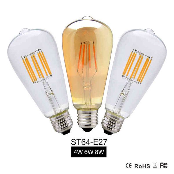 LED-Edison-Glühbirne, 8 W, E27, 110 V, 220 V, ST64, dimmbar, Vintage-Glühlampe, romantische Lichter für Zuhause, Hochzeit, Party, Dekoration, H220428