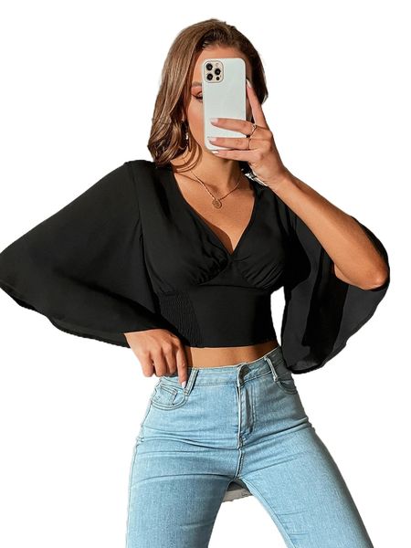 

tall flounce sleeve shirred crop blouse l7mk#, White