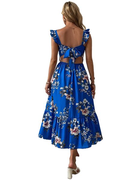 

floral print ruffle trim tie backless dress k25i#, Black;gray