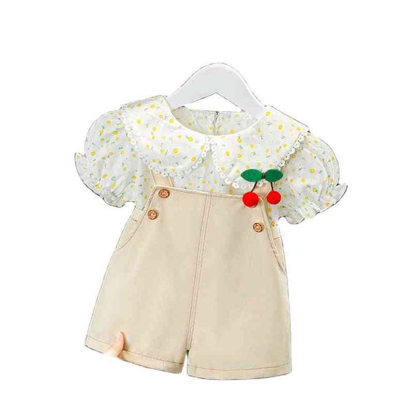 

baby girl clothes cute kid summer sweet puff sleeve lace lapel flower print + siamese sling fashion princess toddler girl outfit aa220323, White