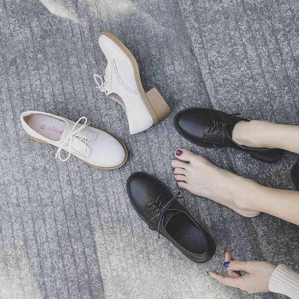 

dress shoes brock leather shoes women's korean version versatile british college style lace up round head beige single u7i6, Black