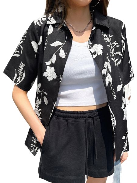 

dazy floral print button front shirt i53e#, White