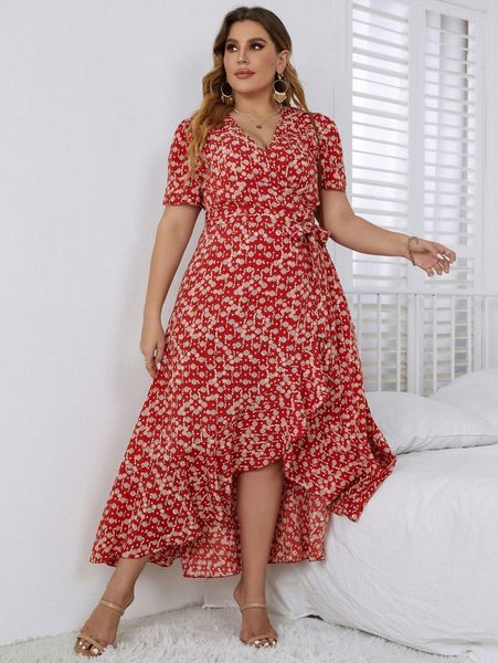 

plus ditsy floral print knot side ruffle trim wrap dress v1hb#, Black