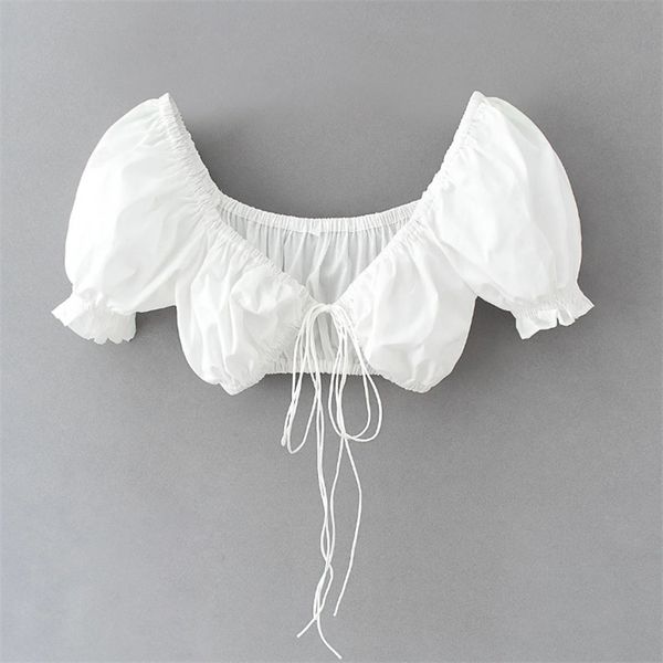 

black white lace up bow tie short blouse women summer casual puff sleeve small shirts femme crop s7390 220407