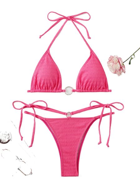 

neon pink ring linked tie back halter bikini swimsuit f1ds#, White;black