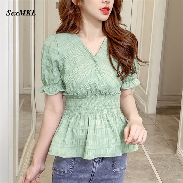 

chiffon summer blouse women fashion korean style v neck casual ladies clothes short sleeve slim white blouse 220611