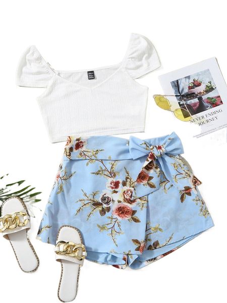 

rib-knit cap sleeve & floral print belted skort set w8cw#, White