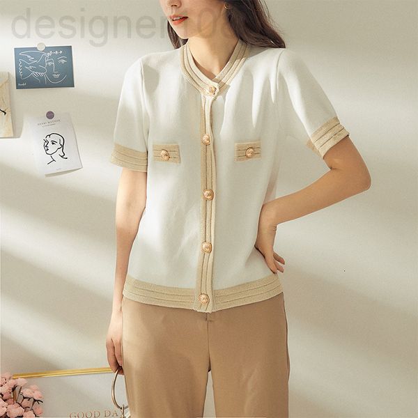 

women's knits & tees designer 2021 new gold wire edge metal button ice silk knitted short sleeve summer round neck european cardigan wo, White