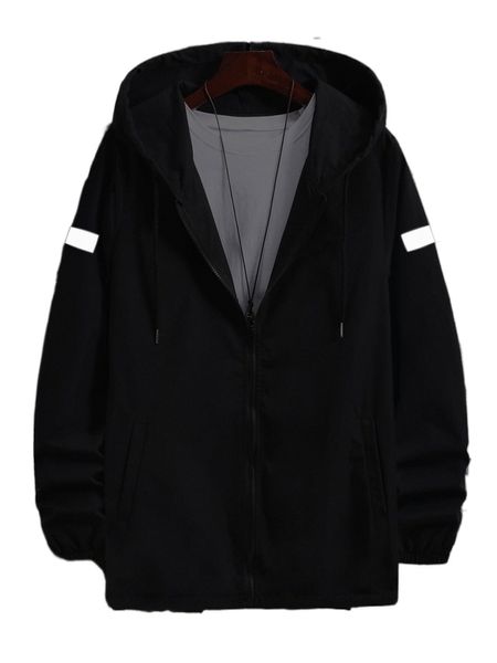 

men reflective detail drawstring hooded coat without tee c8c2#, Black;brown