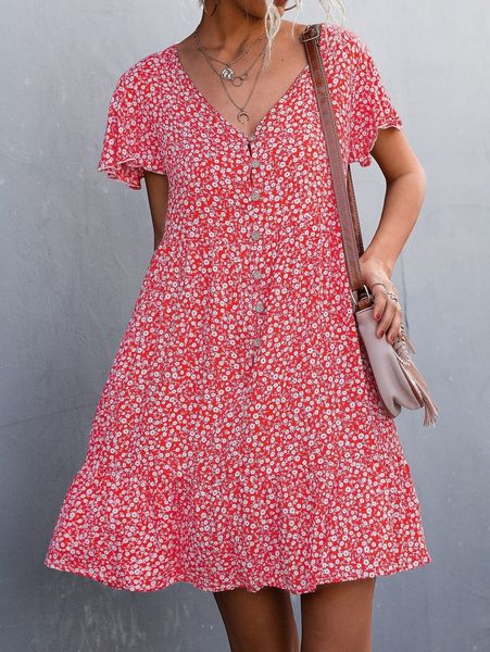 

ditsy floral flutter sleeve button front ruffle hem dress 465y#, Black;gray