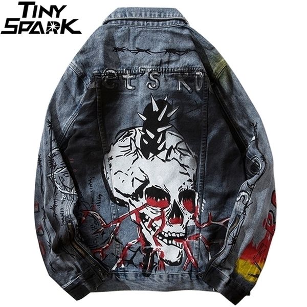 

men denim jackets streetwear skull graffiti blue denim jean jacket coat hip hop harajuku bomber jacket punk rock vintage 201116, Black;brown
