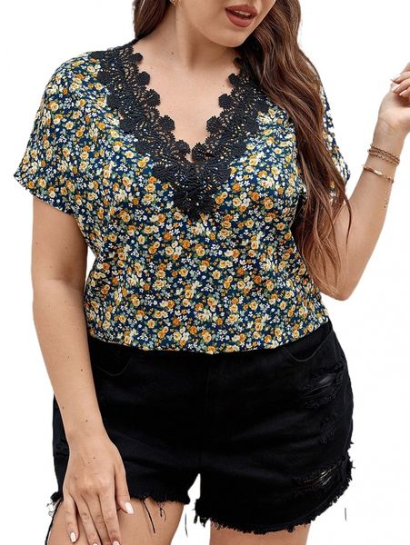 

plus ditsy floral print guipure lace panel batwing sleeve blouse l4c3#, Black