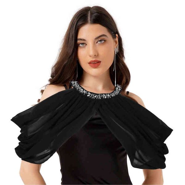 

women round neck wraps shawls pleated chiffon cape shiny rhinestone beaded cape for wedding bridal dress l220714, White