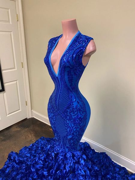 Elegante brilhante com decote em v azul real sem mangas 3d rosa sereia vestido de baile longo lantejoulas preto meninas gala vestidos de festa à noite cu270f