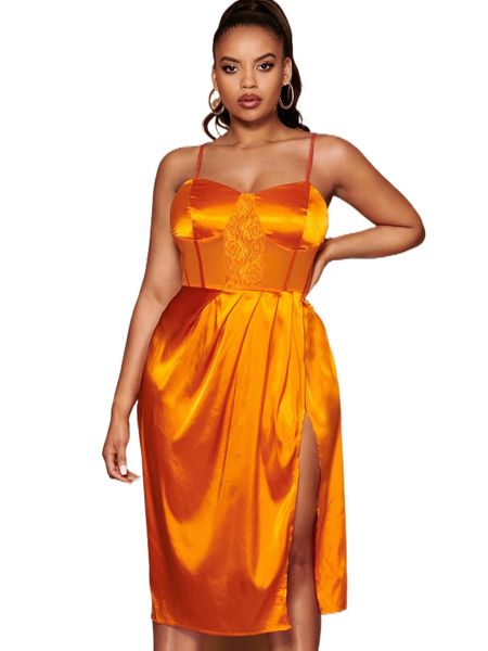 

bae plus contrast lace slit thigh satin cami dress p4qs#, Black