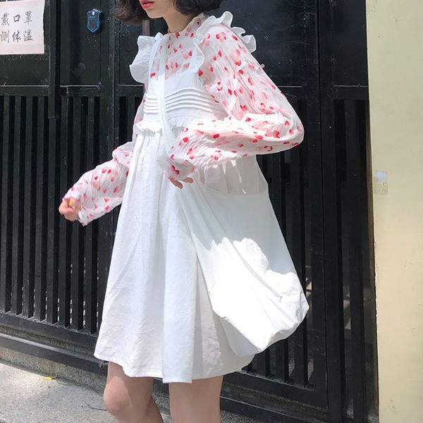 

twopiece set women round neck blouses print thin shirt ruffles suspender dress mini dresses for 210506, White