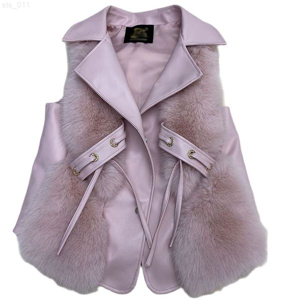 HJQJLJLS 2021 Neue Luxus Qualität Faux Pelz Weste Frauen Drehen Unten Kragen Faux Leder Patchwork Mantel Rosa Weiß Pelz Jacke t220716