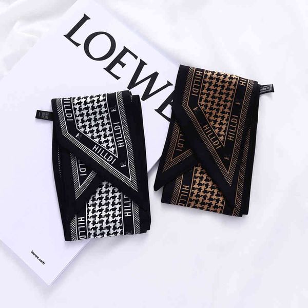 

korean dongdamen thousand bird lattice letter printing thin and narrow long small silk scarf women's french butterfly hair band, Black;purple