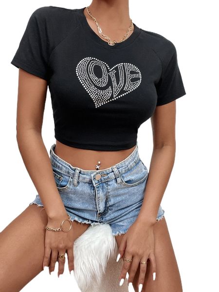 

rhinestone heart & letter raglan sleeve tee q35m#, White