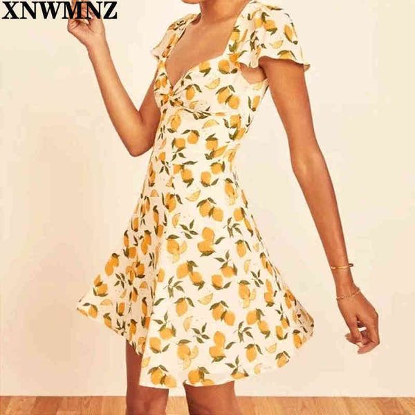 

xnwmnz za fashion elegant boho lemon print backless mini dress women french romantic party vacation beach elastic waist dresses 210513, Black;gray