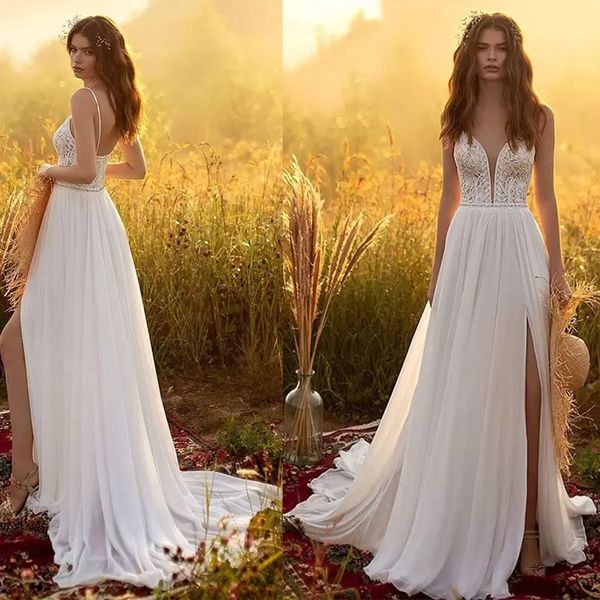

elegant a-line wedding dresses spaghetti straps sleeveless v neck appliques lace sequins beads custom made bridal gowns side slit sweep trai, White