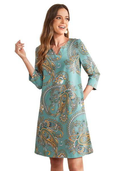 

emery rose paisley print notched neck tunic dress h7rq#, Black;gray