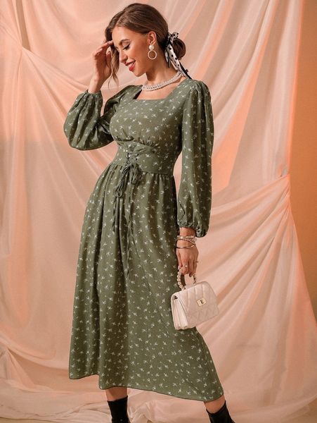 

ditsy floral print lace up waist a-line dress d2o7#, Black;gray